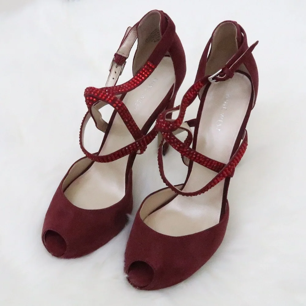 Nine West Burgundy Red Suede Peep-Toe High Heels with Red Rhinestone Straps